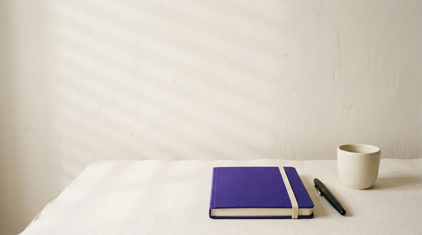 A violet notebook, a fountain pen and a cup on a desk, with shutter shadows from a window on the wall.