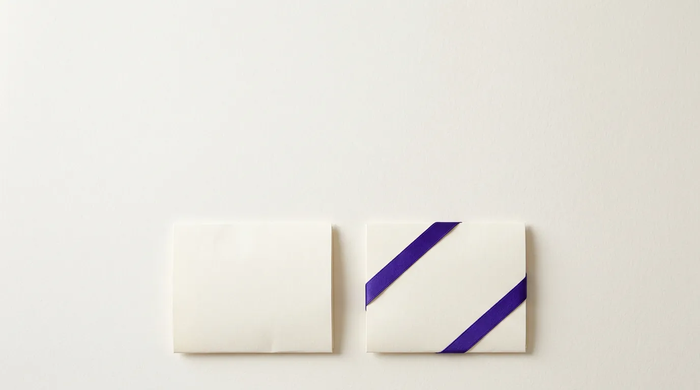 Two folded ivory letters side by side on cotton paper, the right one crossed by a violet ribbon.