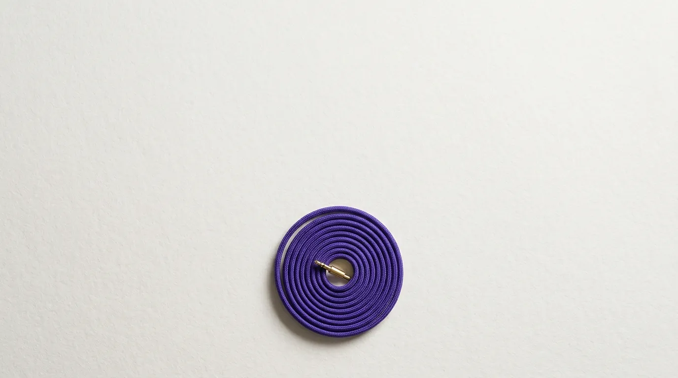 A small coil of violet braided cable with a brass connector at its centre, on cotton paper.