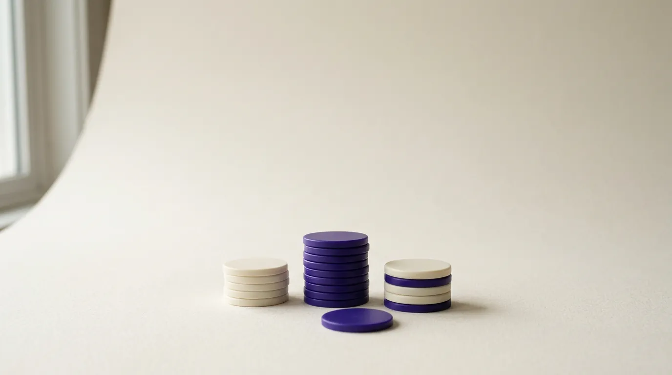 Three short stacks of plain ivory and violet tokens on cotton paper in soft window light.