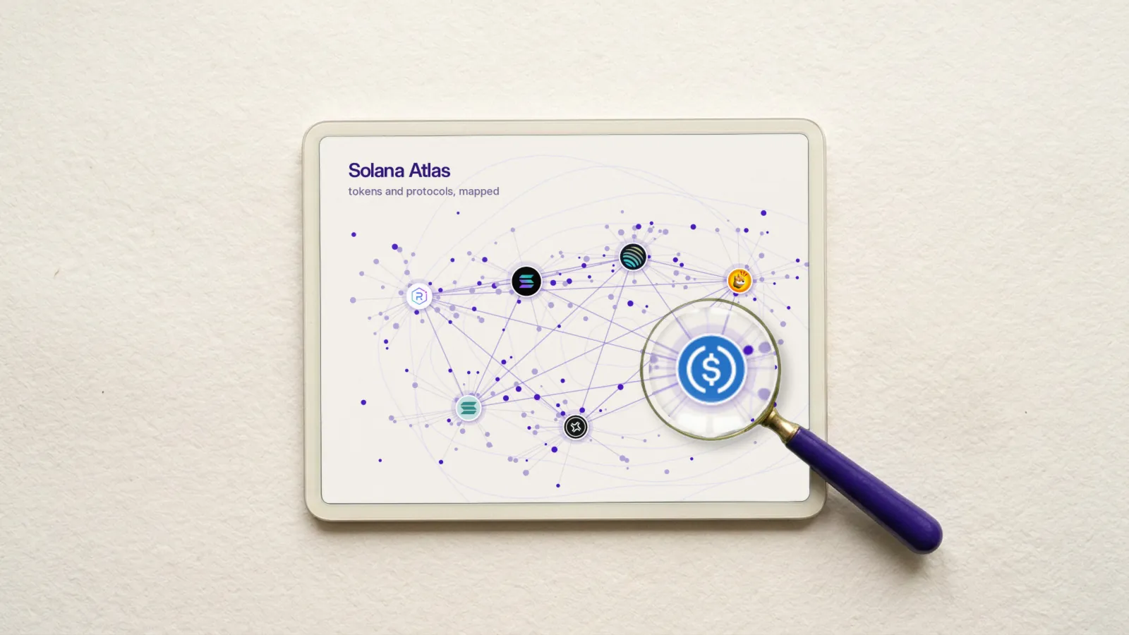 A tablet titled Solana Atlas showing a network map of Solana tokens, each node a token logo: SOL, JUP, BONK, RAY, mSOL and JTO. A magnifying glass enlarges the USDC logo.