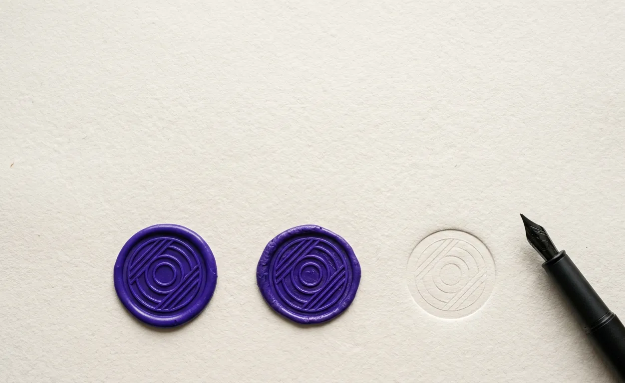 Three violet wax seals in a row on cotton paper. Two are pressed; the third place is an empty embossed circle still waiting for its signer. A fountain pen rests beside them.