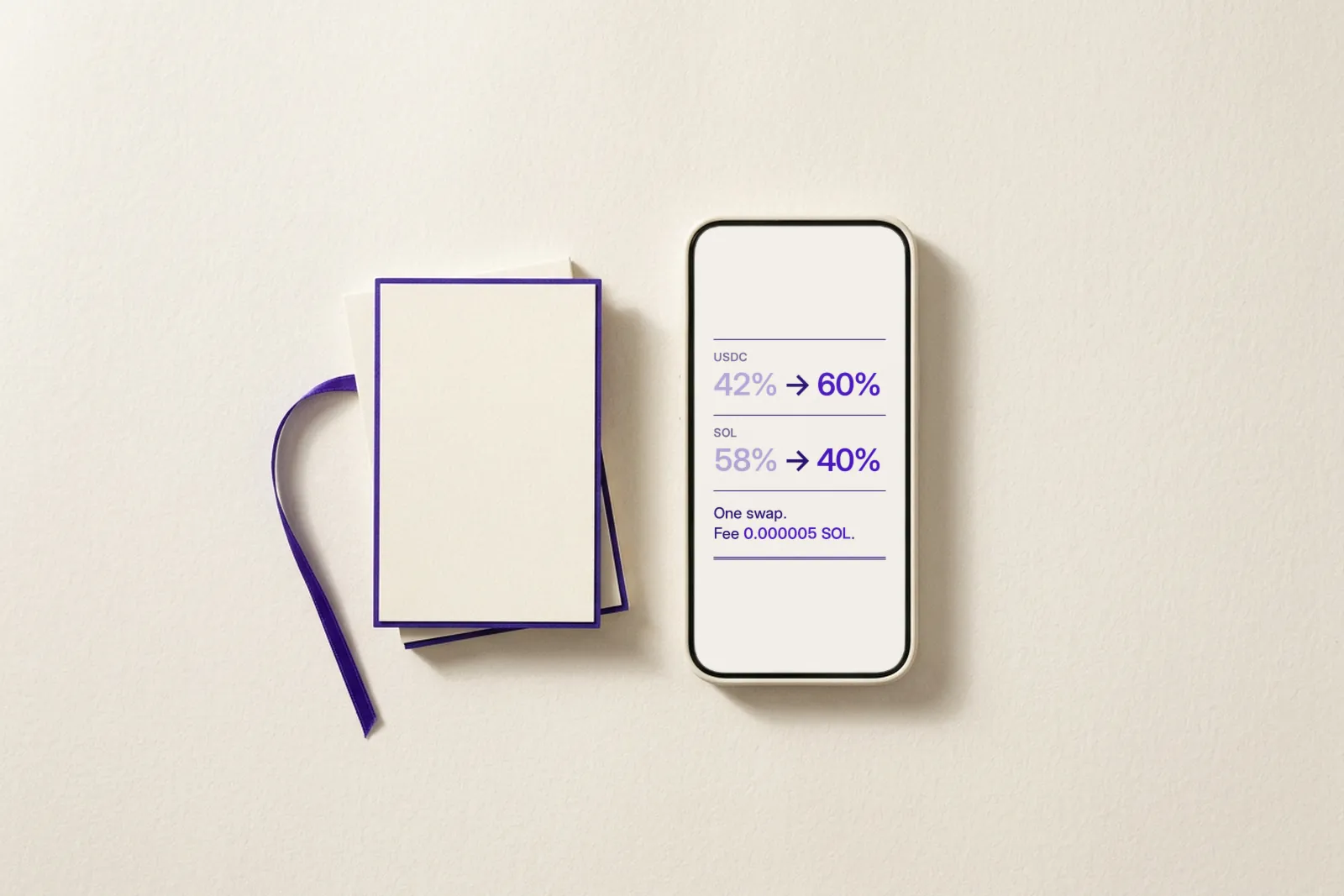 A phone beside a cream notebook with a violet ribbon. The screen reads USDC 42% to 60%, SOL 58% to 40%, one swap, fee 0.000005 SOL.